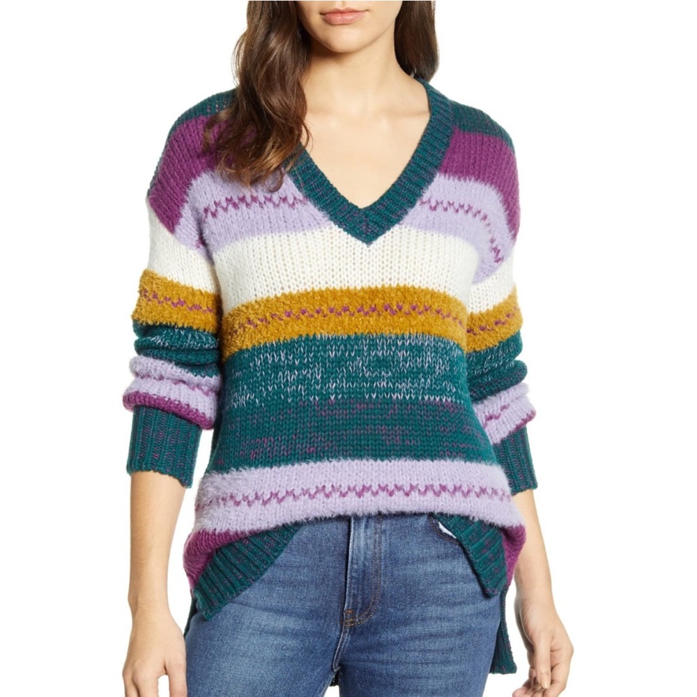 Caslon Mixed Stripe V-Neck Pullover Purple Size S